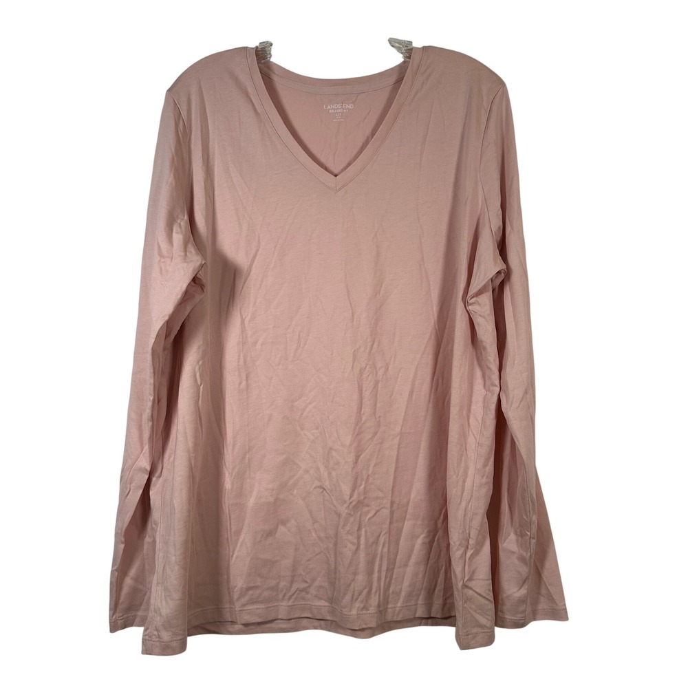 Lands End Pink Relaxed Fit V-Neck Long Sleeve Supima Cotton Top Tall Large 14-16